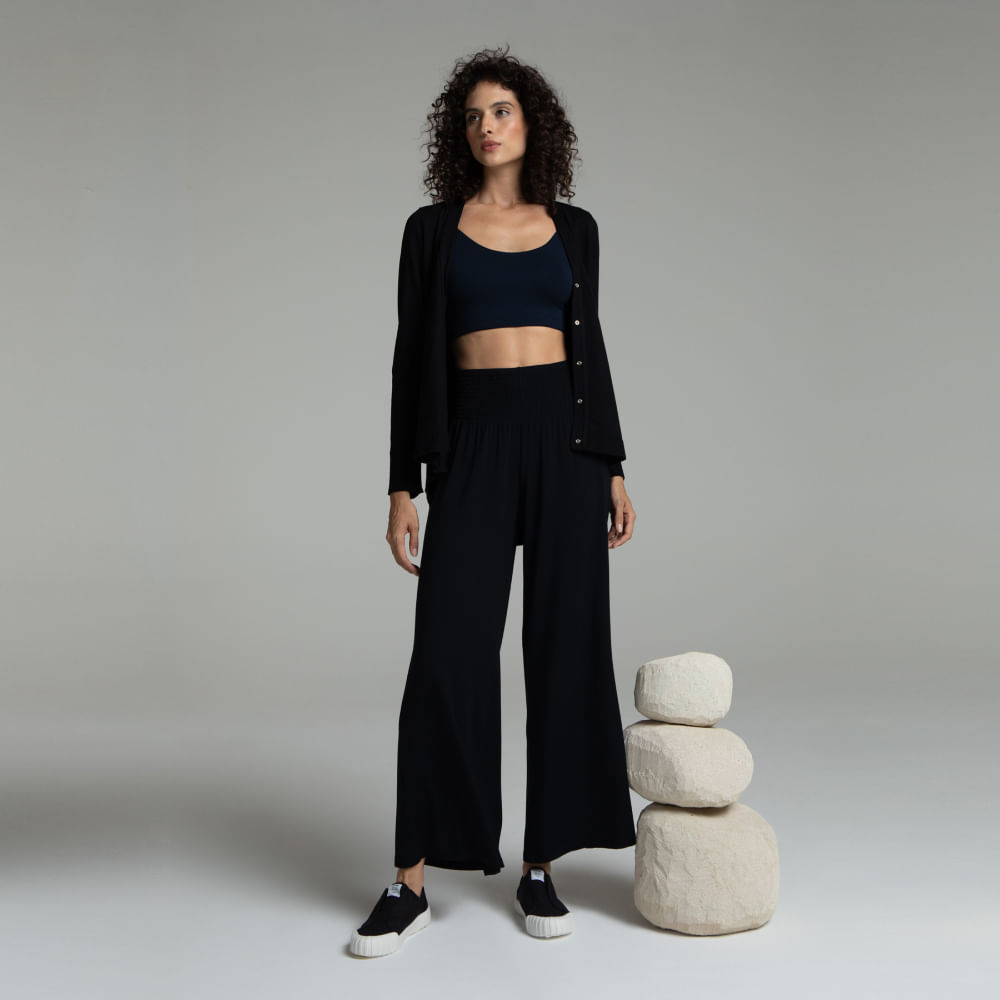 Calça Pantalona Moletom Bambu Lastex Deva - Azul Marinho
