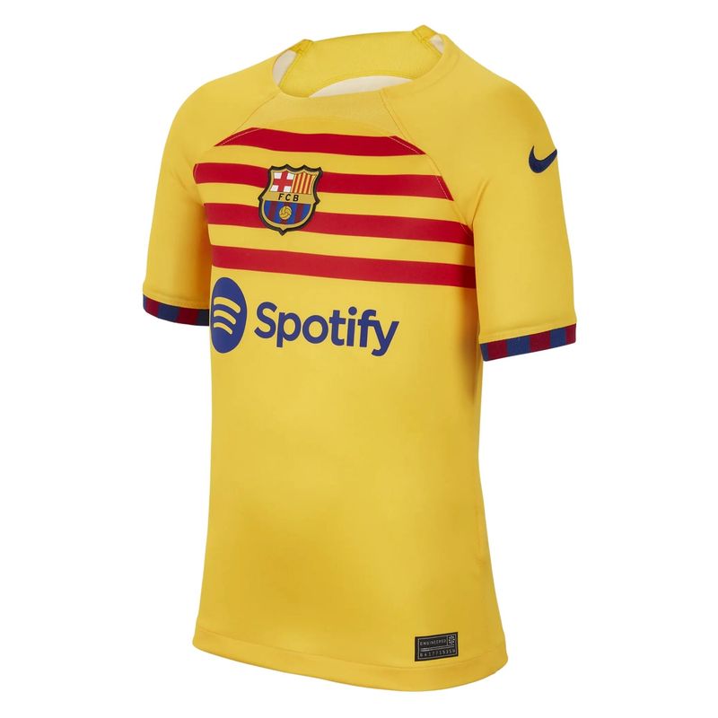 Camisa-FC-Barcelona-2023-24-Nike-Stadium-Infantil---Amarela-Vermelha