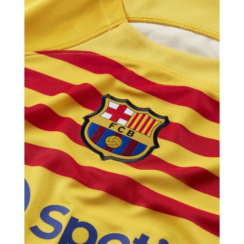 Camisa-FC-Barcelona-2023-24-Nike-Stadium-Infantil---Amarela-Vermelha