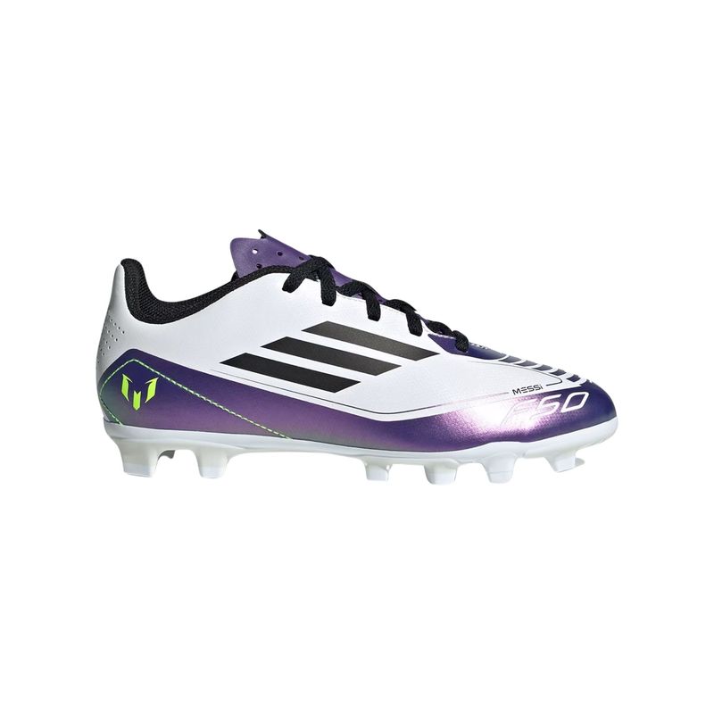 chuteira-campo-adidas-f50-club-flexible-messi-infantil-branca-roxa