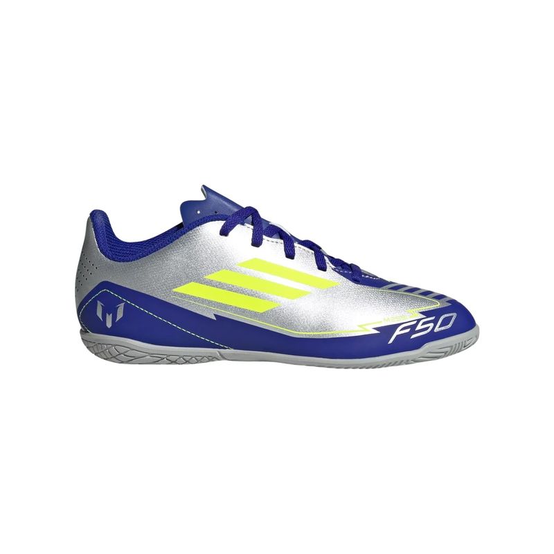 chuteira-futsal-adidas-f50-club-messi-infantil-cinza-azul