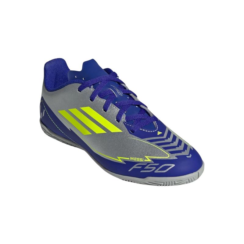 chuteira-futsal-adidas-f50-club-messi-infantil-cinza-azul