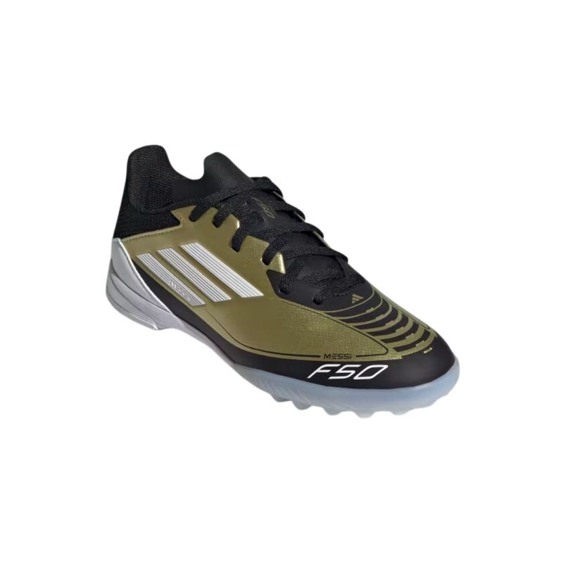 Chuteira-Society-Adidas-Messi-F50-League-Infantil---Dourada-Preta-Branca