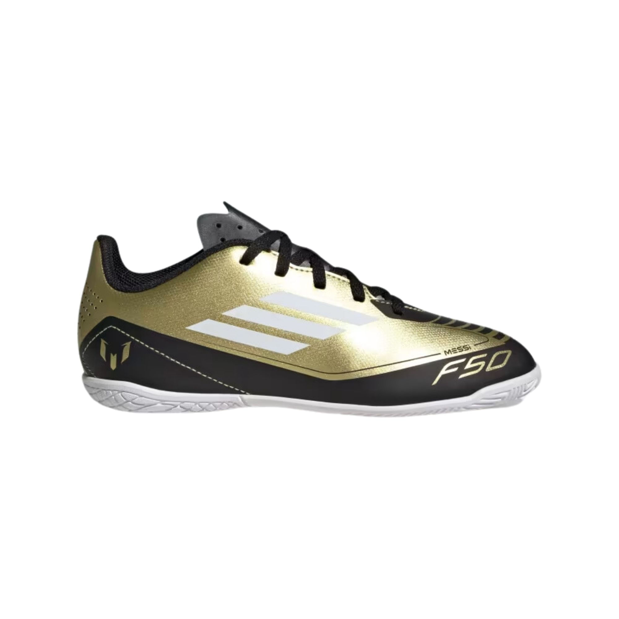 Chuteira Futsal Adidas Messi F50 Club Infantil - Dourada/Preta/Branca