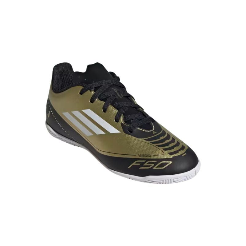 Chuteira-Futsal-Adidas-Messi-F50-Club-Infantil---Dourada-Preta-Branca