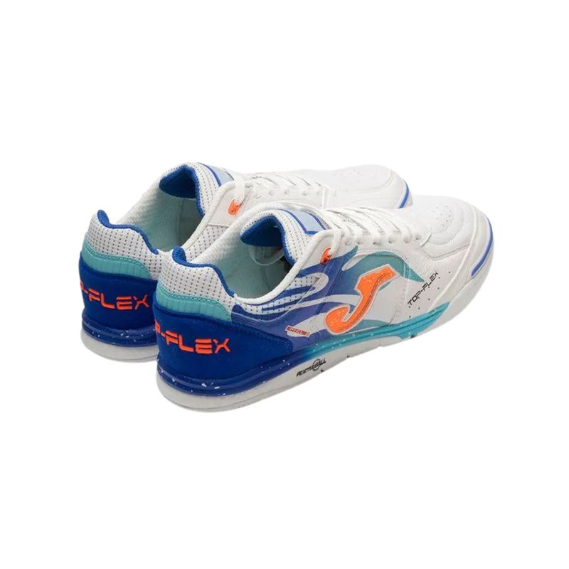 chuteira-futsal-joma-top-flex-rebound-masculina-branca-azul-laranja