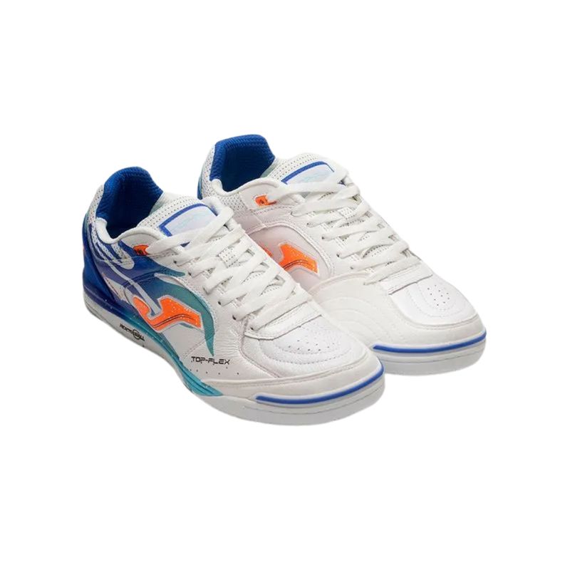 chuteira-futsal-joma-top-flex-rebound-masculina-branca-azul-laranja