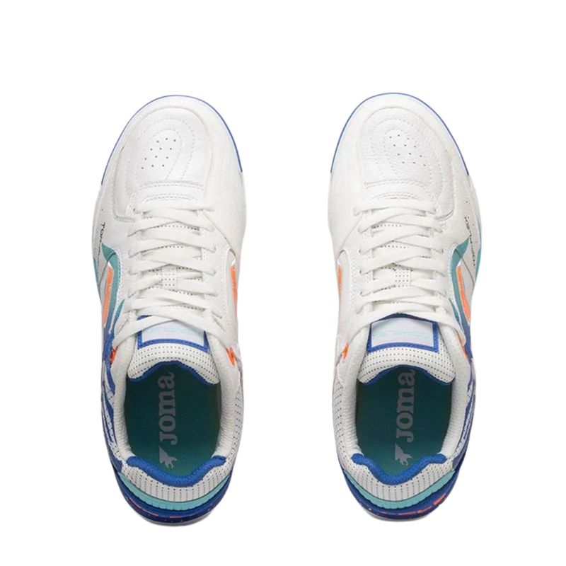 chuteira-futsal-joma-top-flex-rebound-masculina-branca-azul-laranja