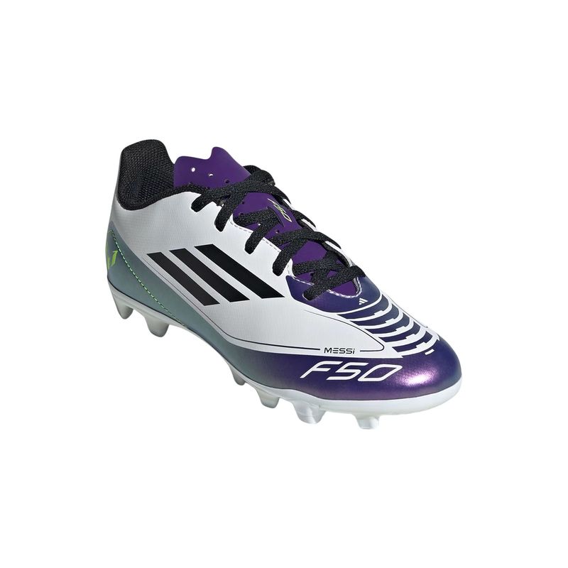 chuteira-campo-adidas-f50-club-flexible-messi-infantil-branca-roxa