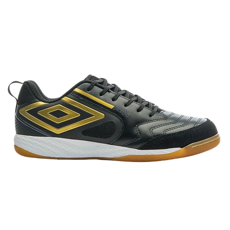 chuteira-futsal-umbro-pro-5-bump-masculino-preto-dourado