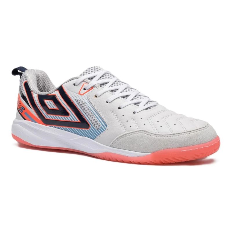 chuteira-futsal-umbro-pro-5-bump-masculina-branca-coral